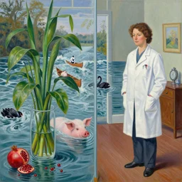 a female pathologist in her apartment, a river flooding inside, plants in glass vase, water, river, rapids, pig, canoe, black swans, pomegranate, berries dripping, acrylic on canvas, surrealist, by magritte and monet