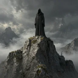 a highly detailed 4 k fantasy matte painting of cloaked figure at the top of a mountain. zdzislaw beksinski, artstation, cgsociety, unreal engine