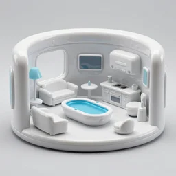 cropped extreme telephoto of!!!!!! shiny plastic toy sculpture!!!!!, depicting a!! futuristic lounge room!! with pool + kitchen ( ( ( sculpture styling influenced by norman rockwell + frank frazetta + syd mead ) ) ) ( retro 7 0 s colors, specular highlights, reflective plastic )