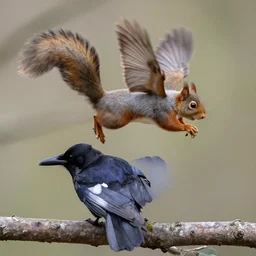 a squirrel flying on a crows back