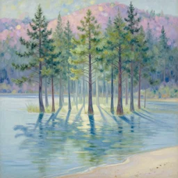 “ ethereal, a pine forest growing on water surface, background of flowery hill, bokeh, beautiful shadows, soft, dreamy, beach sand viable in corner, realistic oil painting by van gogh, gustave dore, volumetric lighting, concept art. ”