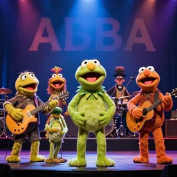 music band abba as muppets life on stage, concert stage setup, ultra realistic details 8 k