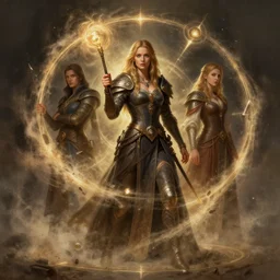 court rulers spinning spell of fragmenting dust light, d & d, fantasy, portrait, highly detailed, digital painting, trending on artstation, concept art, sharp focus, long shot, illustration, art by artgerm and greg rutkowski and magali villeneuve