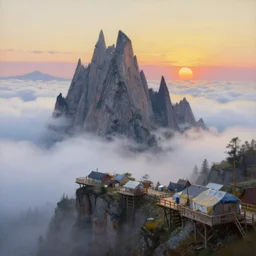 village in the sky, sharp pointy mountains piercing through the clouds, wooden platforms, tents, colors, misty clouds, sun at dawn, brutalism, painting by caspar david friedrich