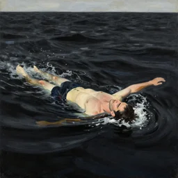 swimming dale cooper drowning in black liquid, billowing black waves in the ocean, painting by phil hale, fransico goya, david lynch,'action lines '!!!, graphic style, visible brushstrokes, motion blur, blurry