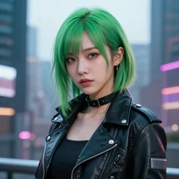 young Asian Cyberpunk woman with green hair standing in front of a city, Close up portrait, wearing a leather jacket, hyperdetailed, artstation, cgsociety, 8k