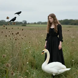 thistles, woman and a swan. a meadow, late english summer. folk horror style. beautiful. gothic. dreamy. rooks