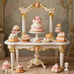 baroque rococo painting Royal Fancy Pastry Table Hildebrandt Lisa Frank high detail cute adorable whimsical cookies cakes petit fours columns