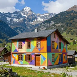 a colorful building in a beautiful mountain landscape, by ken monkman, paul lehr, Caspar David Friedrich, psychedelic