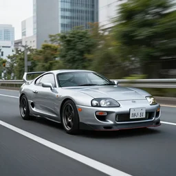 still of a toyota supra mk4 on the road in tokyo, action shot, sunset, cgsociety, need for speed heat inspired