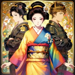 symmetry!!!!!! beautiful anime girl wwi geisha soldier portrait, garden background, wearing rainbow kimono, highly detailed, anime, dynamic lighting, digital art, digital painting, artstation, wlop, sharp focus, illustration, art by artgerm and greg rutkowski and alphonse mucha, 8 k