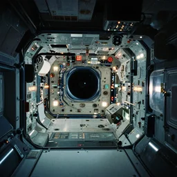 interior shot of a space station, analog photography, very complicated, blinking lights