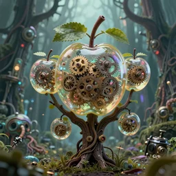 intricate mechanical transparent fruits with visible gears inside, growing off a tree, on the background of a weird magical mechanical forest. Very detailed 8k. Fantasy cyberpunk horror. Sharp. Cinematic post-processing