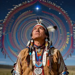 picture spiritual native american man looking up at the stars, realism, photograph, vibrant colors, complex background,