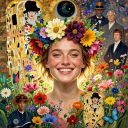 a head and shoulders portrait of a happy alicia vikander! with a flower crown, surrounded by an explosion of wild flowers, by thomas kinkade, by gustav klimt, by wes anderson, by edward hopper, by wayne barlowe, by james gilleard, by james jean, colors by beeple