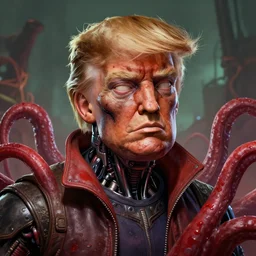 asthetics! pretty! cell shaded  scary head portrait of cyborg donald trump and  red tentacle as Borderlands 3 concept art, llustration, postapocalyptic grunge, concept art by  Eric Barnett, highly detailed, sharp focus,alien, HQ, 4K ,art by Eric Barnett