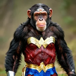 a Chimpanzee dressed as Wonder Woman with a smiling Chris Pine photographed in the style of Annie Leibovitz, photorealistic