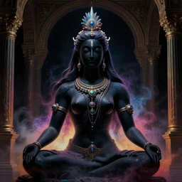 a close - up view portrait of a silhouetted cosmic shiva meditating with iridescent metallic technology headwear in sci - fi baroque neoclassicist halls. detailed textures. glowing colorful fog, dark black background. highly detailed fantasy science fiction painting by moebius, norman rockwell, frank frazetta, and syd mead. rich colors, high contrast. artstation