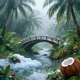 monsoon on tropical island, ornate, beautiful, atmosphere, vibe, mist, coconuts, rain, wet, pristine, puddles, melting, dripping, snow, creek, lush, ice, bridge, forest, roses, flowers, by stanley artgerm lau, greg rutkowski, contest winner, trending on artstation