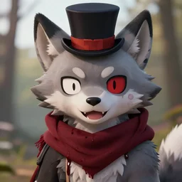 fursona of bloody wolf with happy face and with top hat in realistic photo
