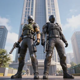 2 b nier automata standing in front of a tall building holding a gun, 3 d render, unreal engine, octane render, ray tracing, unity, highly detailed, high quality, hd, 4 k, 8 k, realistic, sharp, trending