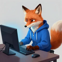 a concept art of an anthropomorphic fox in a blue hoodie hacking a computer, artstation, digital art, oc commission, high detailed, stylised, league of legends, illustration