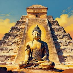 an amazing pictures of a single buddha meditating in front of a large mythical pyramid by zaha hadid painted by caspar david friedrich, high detail, 4 k resolution, strong and vibrant colors, consciousness