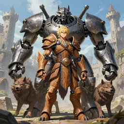 warforged druid male anime character, wolf armor, cyborg, made of wood, made of metal, large robot, wolves, knight, medieval castle