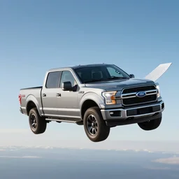 A Ford F-150 flying in the sky with airplane wings