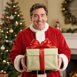 steve carell just get super hiper extra christmas gift and hold it in his hands