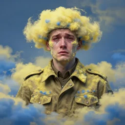 crying!!!!!! modern ukrainian soldier!!, covered in yellow and blue clouds, disarming, enchanting, fragile, shamanistic, cloudcore, portrait, by kim keever
