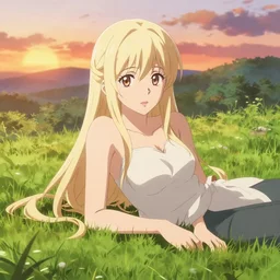 anime art full body portrait character concept art, anime key visual of elegant young female, platinum blonde straight bangs and large eyes, finely detailed perfect face delicate features directed gaze, laying down in the grass at sunset in a valley, trending on pixiv fanbox, studio ghibli, extremely high quality artwork
