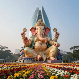 beautiful futuristic new delhi, sharp biophilic ganesha!! building, kalighat flowers, highly detailed, stephen shore & john j. park, cinematic morning light, wide shot, ground angle, uhd 8 k, sharp focus
