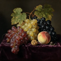 a painting of fruits on a velvet fabric on a table : red, yellow and black grapes, a lot of grape vines, peaches, walnuts, a snail, a still life, by jan davidsz. de heem, dark tones, pixabay contest winner, baroque, chiaroscuro, oil on canvas, flemish baroque