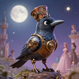 a stunning fantasy scene of an adorable mechanical steampunk crow | highly detailed | very intricate | disney | magic the gathering | steampunk | dramatic romantic epic breathtaking whimsical magical | bokeh moon stars | professional cinematic lighting | award - winning | painted by marc simonetti and anton fadeev and paul lehr and rhads and alena aenami | pastel color palette | featured on artstation