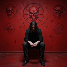 a man philosophy schizophrenic is sitting in a red room with infernal symbols and sigils and runes for death and anger