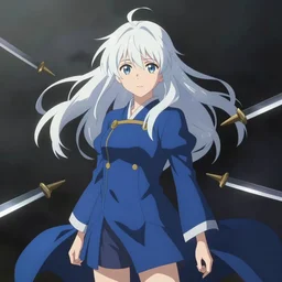 a pale korean girl with white hair wearing a blue outfit with blades hovering around her, full shot, perfectly shaded body, atmospheric lighting, detailed face, by makoto shinkai, stanley artgerm lau, wlop, rossdraws
