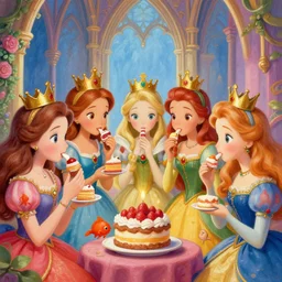closeup profile portrait of tin toy fairytale princesses wearing crowns eating cakes, nicoletta ceccoli, mark ryden, lostfish, max fleischer, hyper realistic, artstation, illustration, digital paint, matte paint, vivid colors, bright, cheerful,, detailed and intricate gothic environment