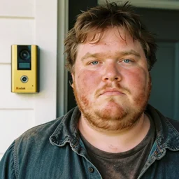 close up portrait of fat redneck man in dirty clothes, award winning, kodak gold 2 0 0, ring doorbell camera,