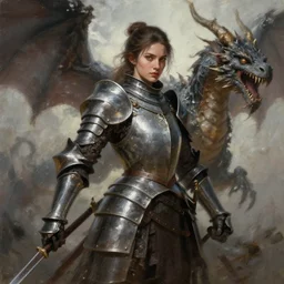 perfectly - portrait of a beautiful female knight fighting dragon, intricate, highly detailed, digital painting, loose brush strokes, realistic shaded lighting, artstation, concept art, smooth, sharp focus, illustration, realism, oil painting, unreal engine 5, 8 k, art by sam spratt and peter mohrbacher