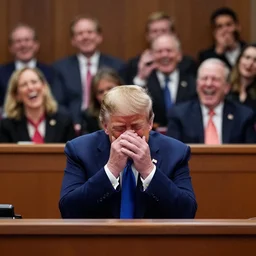 courtroom scene, trump crying, everybody laughing