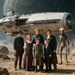 sharp, detailed, 1024k film still from a sci fi blockbuster color movie made in 2019, set in 1860, of a family standing in front of a spaceship that has just landed on an alien planet, a humanoid alien creature stands nearby, the family are all wearing 1860s era clothes, good lighting, good photography, sharp focus