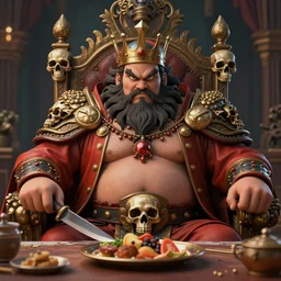 an intricate concept art, photorealism, angry fat bearded king with food and knife in the table, skull throne, ultra photorealistic, pinterest, artstation, cgsociety, pinterest, digital art, hyper detail, anime colors, style by wlop, octane render, 8 k