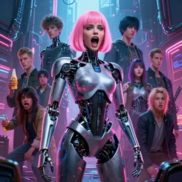corinthean, altered carbon, highly detailed surreal neon big in japan vfx portrait of a robot android, young ana de armas, madison beer, christina hendricks, pink hair, scream, stephen bliss, unreal engine, greg rutkowski, loish, rhads, beeple, makoto shinkai and lois van baarle, ilya kuvshinov, rossdraws, tom bagshaw, global illumination, detailed and intricate environment