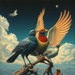 birds by beeple, artgerm, salvador dali, bruce pennington, frank, stella, makoto shinkai, angus mckie, alex grey, don bluth, gediminas pranckevicius, chris moore, kaja foglio, andre masson, dr. suess, brian despain, chesley bonestell. symbolism, surrealism, art