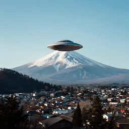 an analog color photography of a UFO hovering mount fuji at the town of puerto varas. cinematic.