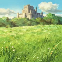 a wholesome animation key shot of a cute empty grass panorama landscape on a sunny day with a castle reclaimed by natuer in far background, backlighting, studio ghibli, pixar makoto shinkai and disney animation, sharp, rendered in gouache painting, anime key art by greg rutkowski, bloom, dramatic, dynamic lighting