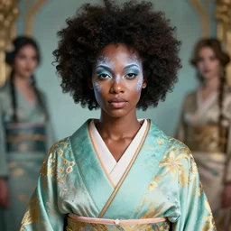 dreamlike luxury stunning gorgeous afro american woman fairy portrait, pale turquoise and gold kimono, art by artgerm, wlop, loish, ilya kuvshinov, 8 k hyperrealistic, hyperdetailed, beautiful lighting, detailed background, depth of field, symmetrical face, frostbite 3 engine, cryengine,