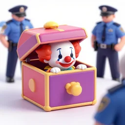 police interrogation of a clown peeking out from a small magical trick box