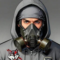 detailed conceptual close up digital art portrait illustration in moebius comic style random young guy using grey hoodie and grey bandana with red white black wolf and crossed riffle combination in his right hoodie chest and gas mask